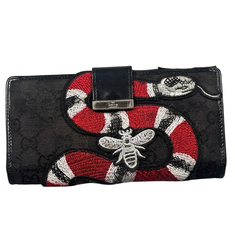 Gucci GG Monogram Canvas Leather Trim Bifold Wallet Kingsnake Bee Continental